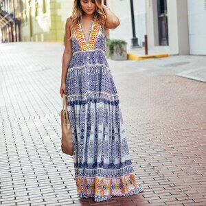 ROCOCO SAND navy white embroidered silk maxi dress